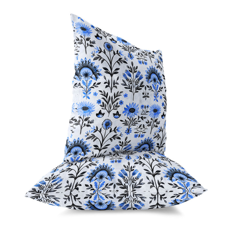 Coussin décoratif intérieur / extérieur Rustic Sunflower Harmony, Bleu / Noir, 26"H x 26"W
