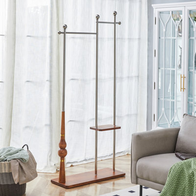Portemanteau industriel 70 po, portemanteau en bois massif et acier inoxydable, cintre double couche pour manteaux, chapeaux, sacs, chaussures, grain de bois rétro (34,6 po de largeur)