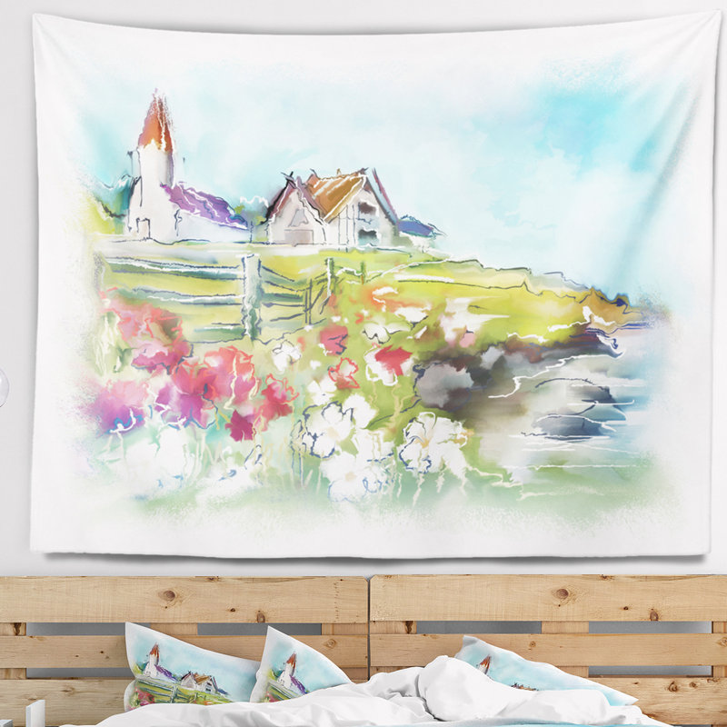 Tapisserie de paysage dans un pré vert, H 32 po x l 39 po