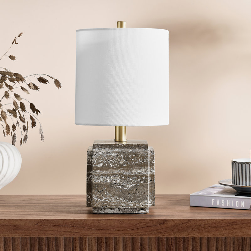 Kovac 16" Tall Stone Table Lamp with Fabric Shade in Grey Veined Travertine, Grey