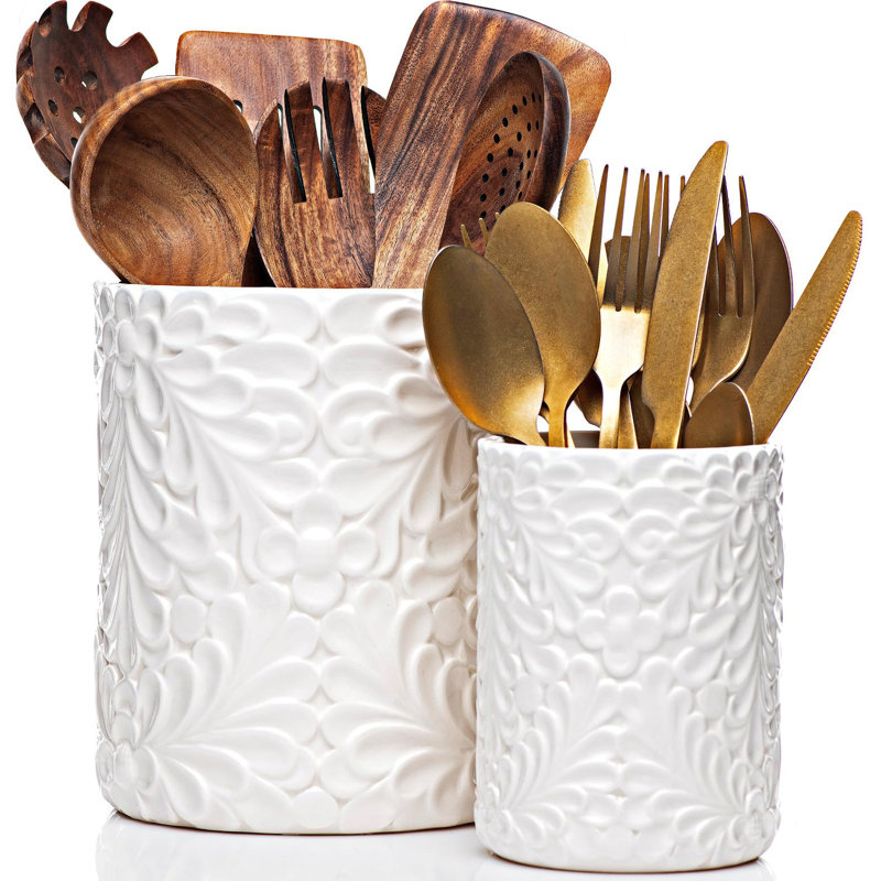 Porte-ustensiles en céramique gravée pour comptoir, organisateur d'ustensiles de cuisine pour spatule, grand pot à ustensiles pour comptoir de cuisine, décor de cuisine, ensemble de 2