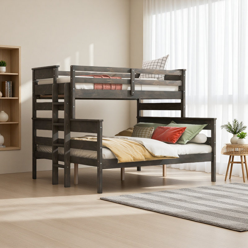 Wood Twin XL Over Queen Bunk Bed With Ladder, Gray