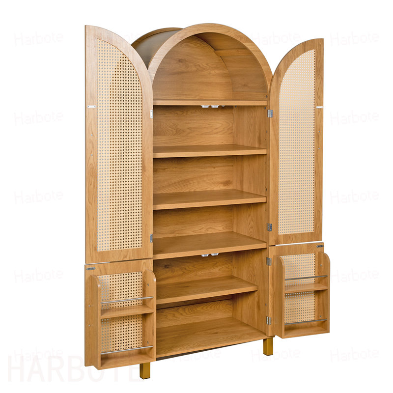 Grande armoire arquée avec portes en rotin et tablettes réglables, armoire de rangement de style campagnard moderne à 4 portes avec supports intégrés