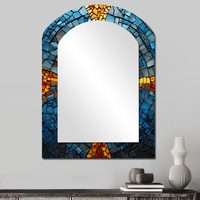 Yellow And Blue Mosaic Tiles I - Boho Mosaic Arch Decorative Mirror, Bohemian Asymmetrical Wall Mirror, Printed Metal Art