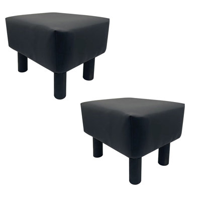 Ginni Footstool Ottoman Set Of 2, Black Faux Leather, Soft Seat, Wood Legs