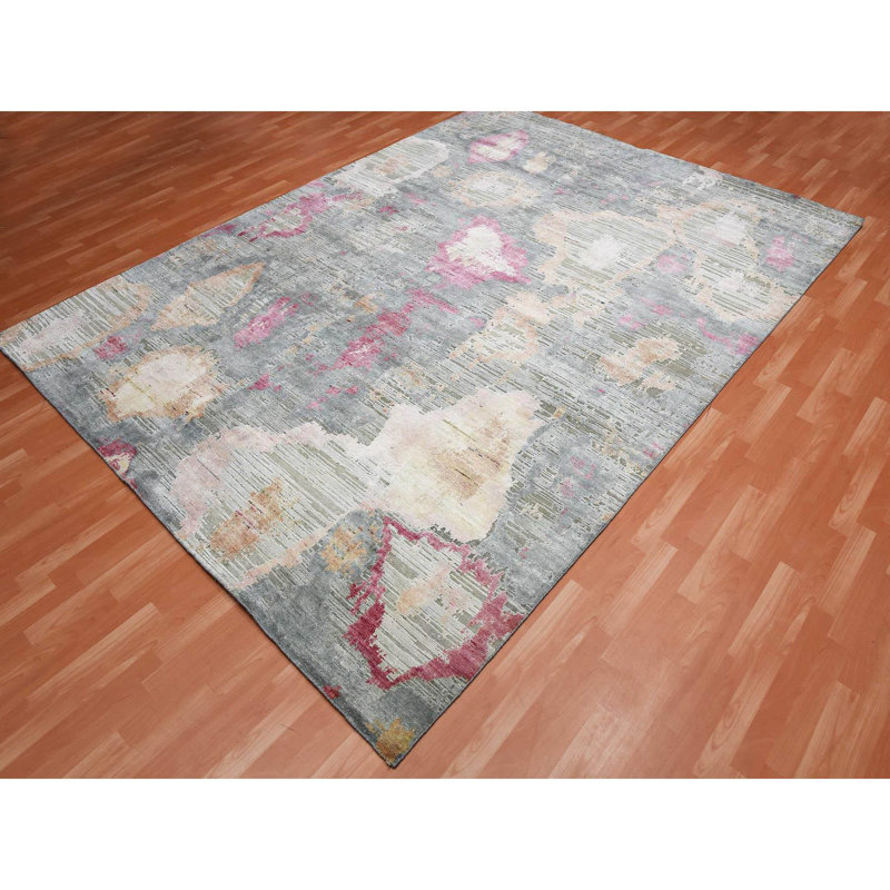 Tapis au design Ã©clectique, 2,74 m x 3,68 m, gris pierre, 100 % soie et laine, nouÃ© Ã  la main, rÃ©fÃ©rence 564206D7D6B042468A419341A03398A0