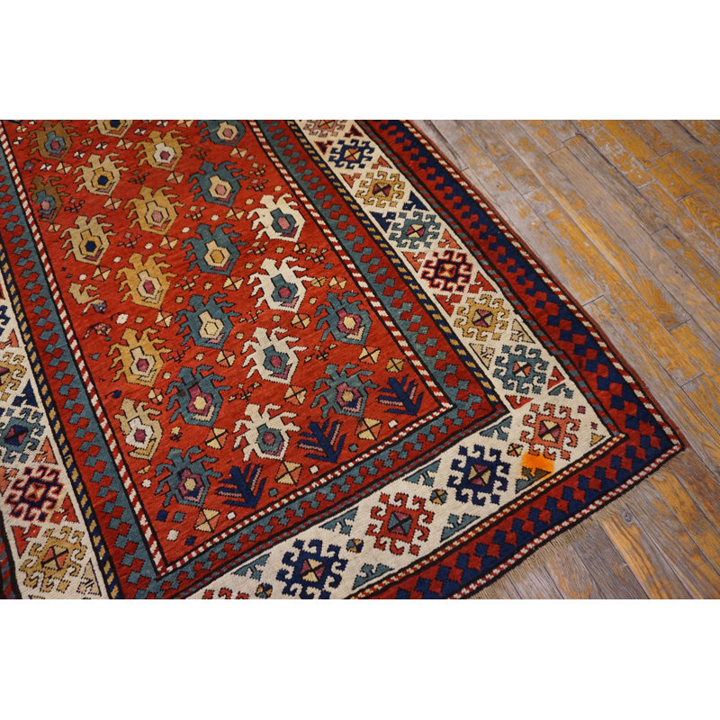 Antique Caucasian Allover Geometric Wool Hand Knotted Pile Coral / Salmon Pink 1880s Rug