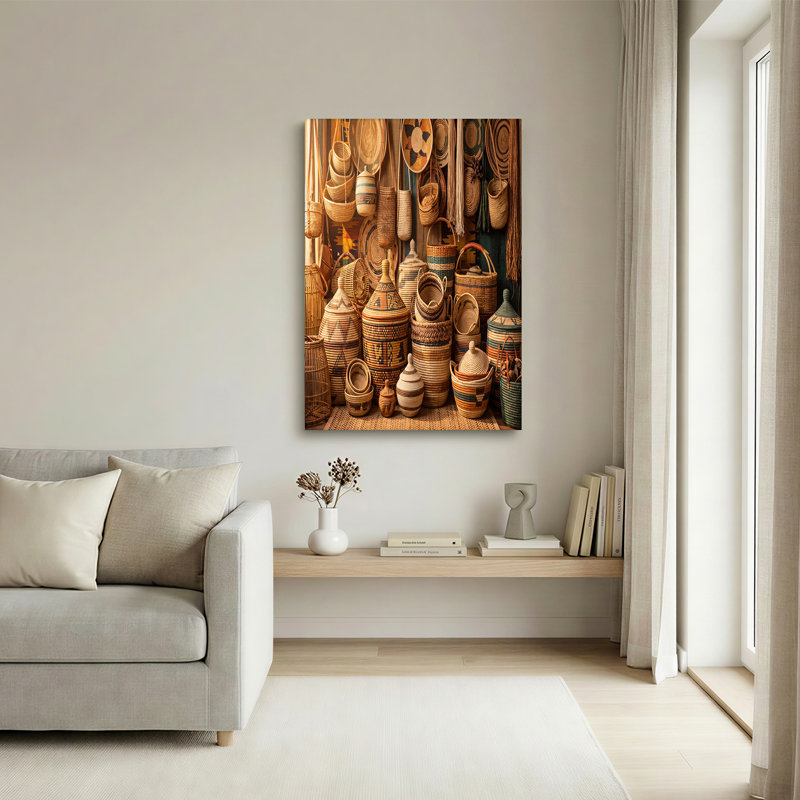 Art mural sur toile avec paniers traditionnels tissés avec motifs géométriques, 24"H x 36"W