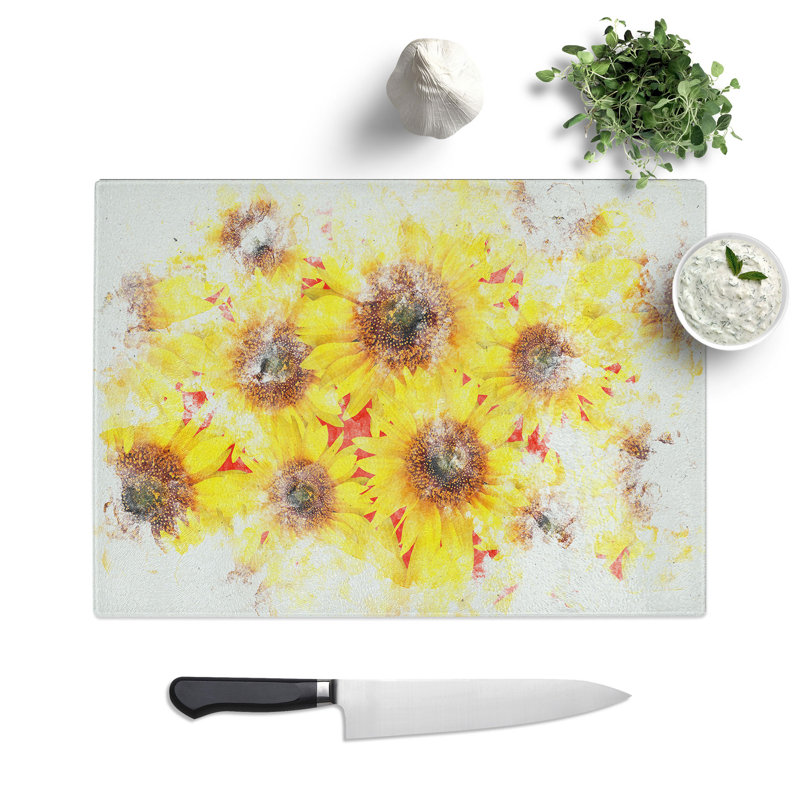 Tempered Glass Wall of Sunflowers Watercolour Chopping Board, 28.5 cm x 39 cm