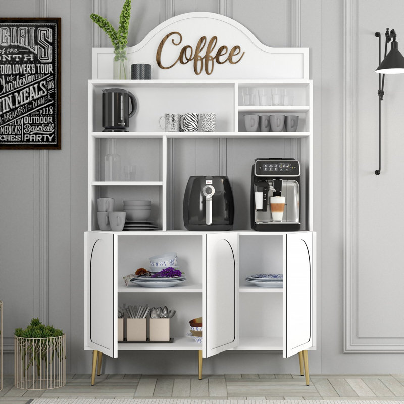 Modern Coffee Bar Cabinet, White & Gold, 47.2 x 79.5 x 13.8 inches | 100% Melamine Coated Particle Board, Thickness: 0.7 inches | Multiple Shelves for Storage, Stylish & Functional Design for Home & Kitchen