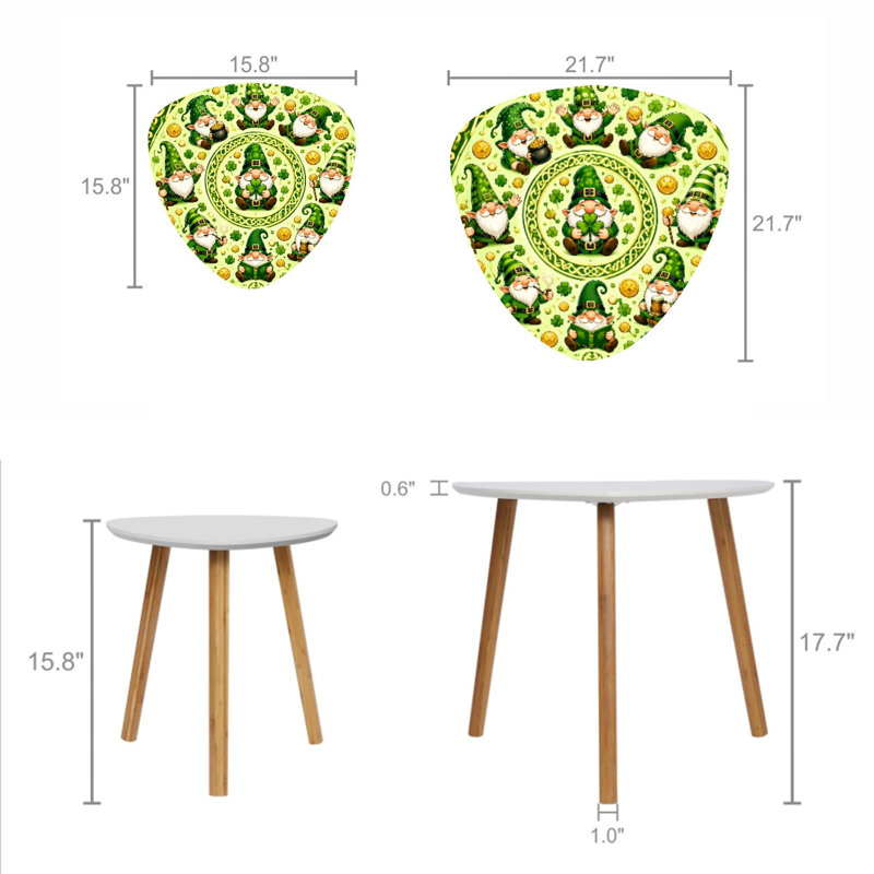 Ensemble de 2 tables basses gigognes triangulaires modernes, ornées de charmants lutins entourés de trèfles et de pièces d'or. Style du milieu du siècle, petites tables d'appoint pour salon, chambre, appartement et décoration intérieure.