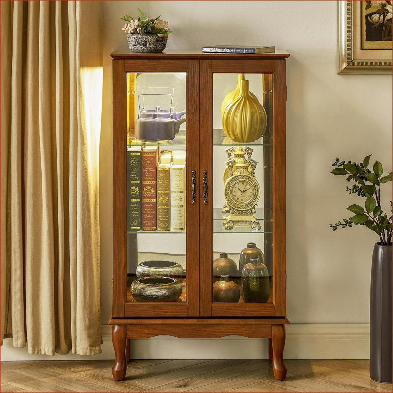 Cabinets Lighted Curio Cabinet, Walnut Brown, Solid &amp; Composite Wood, Mirrored Back, Adjustable Shelves | Traditional | Living Room