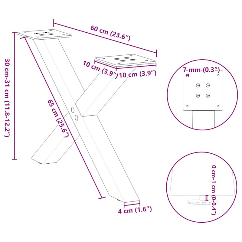 Dining Table Legs X-Shaped, 31cm H x 60cm W, Anthracite