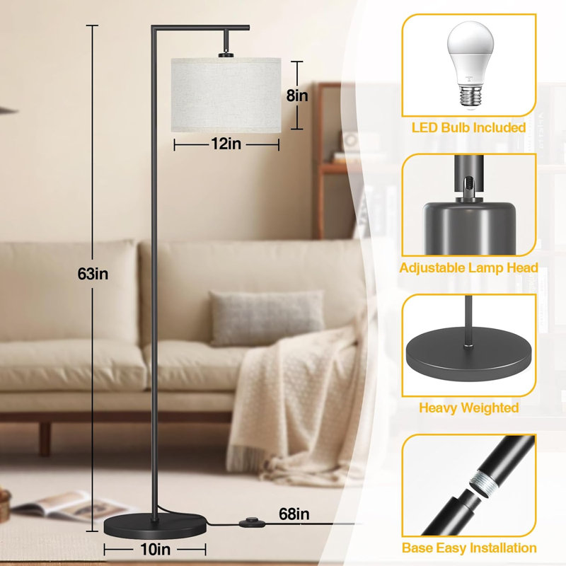 Floor Lamp For Living Room With 3 Color Temperatures Standing Lamp With Adjustable Beige Linen Lampshade Tall Lamps For Bedroom Office Classroom Dorm Room, 9W LED Bulb Included