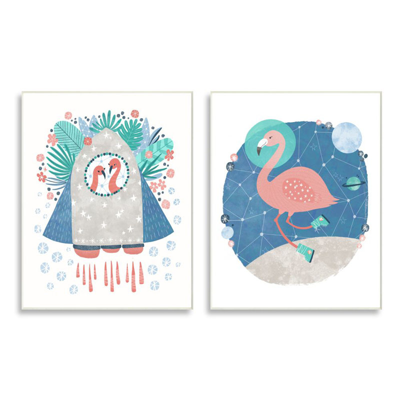 Illustration de style Rocketship par Molly Fabiano-ensemble de 2 reproductions d’art graphique sur toile « Space Flamingos »