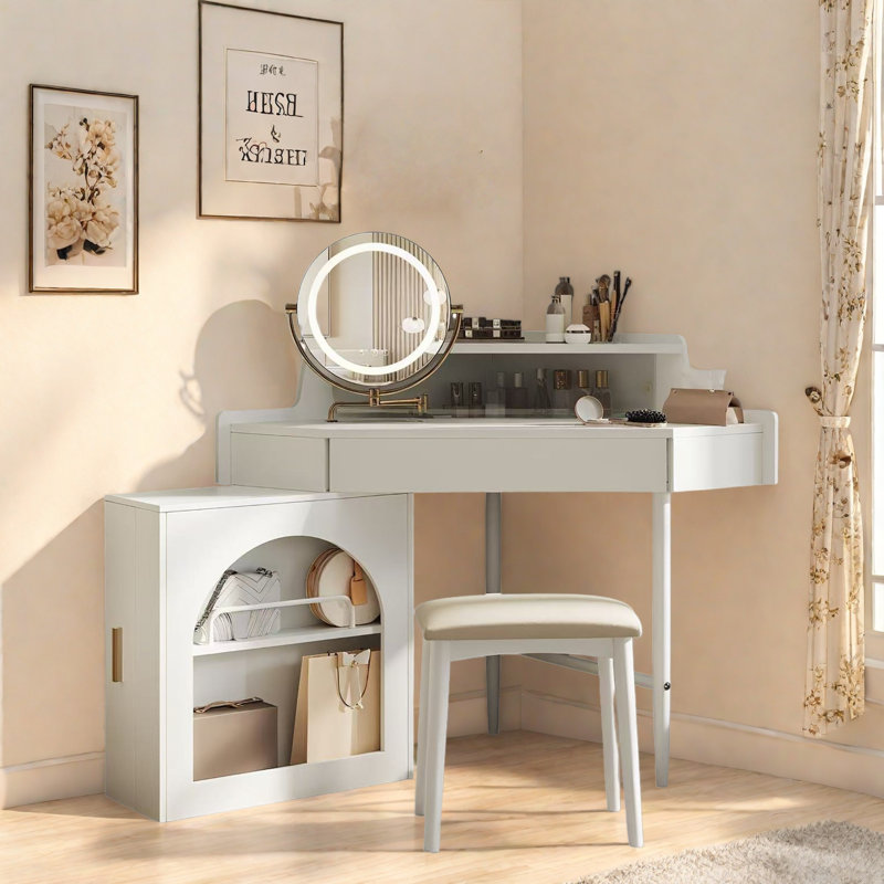 Bureau de coiffeuse de coin avec miroir pliant réglable, éclairage à DEL 3 couleurs, rangement adéquat et tabouret