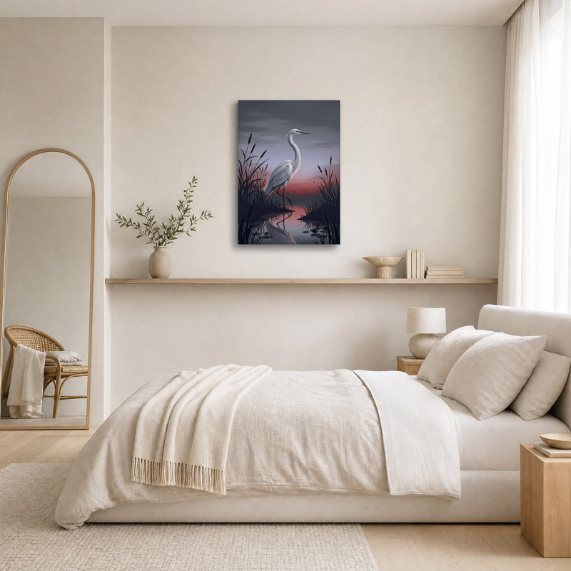 «White Egret debout dans des roseaux au coucher du soleil», art mural, H 30 po x l 20 po