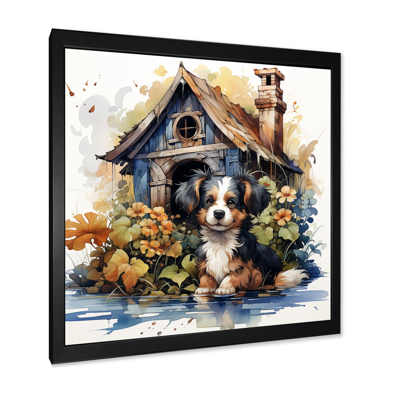 «Puppy Doghouse Blooms II», art mural chien, Cadre simple noir, H 16 po x l 16 po x P 1 po
