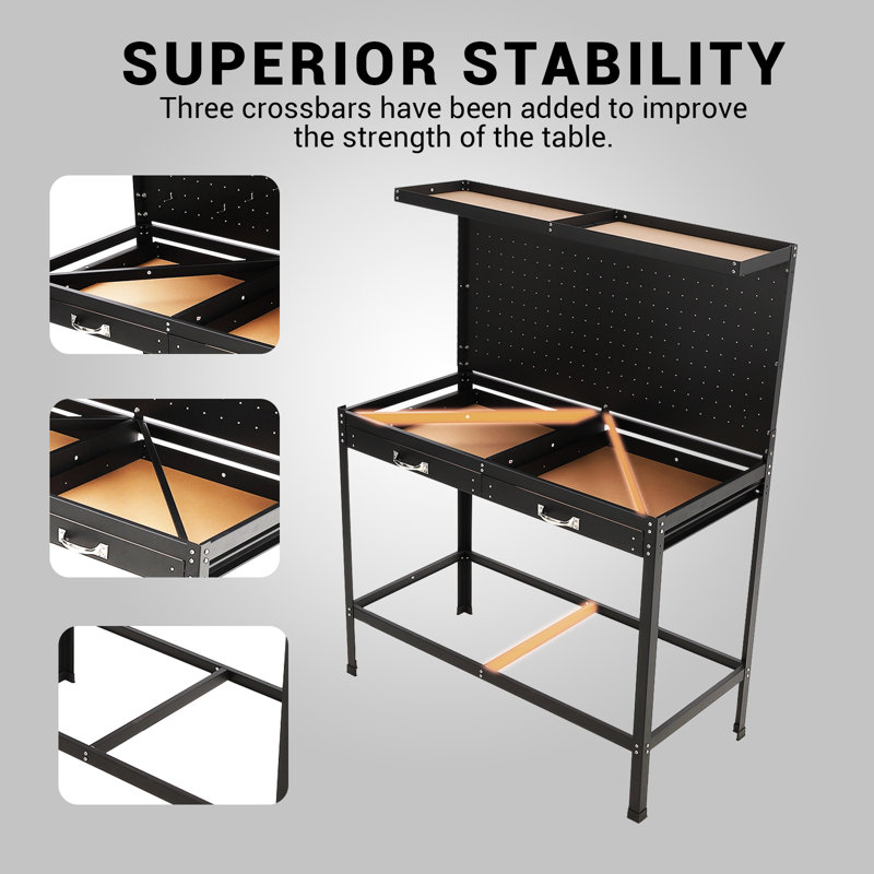 Table d'atelier en acier robuste avec tiroir et tablette, H 56,7 po x l 45,3 po x P 21,8 po