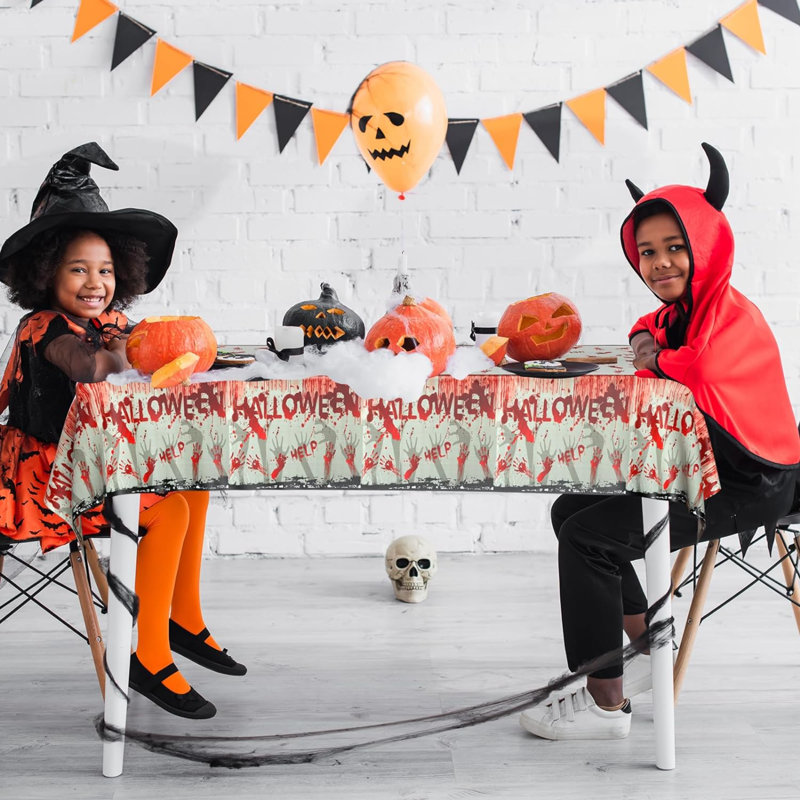 Halloween Tablecloth 54X108 Inch Zombie Red Handprint Footprint Plastic Table Cloth Happy Halloween Table Cover For Holiday Dinner Table Decorations Halloween Party Supplies