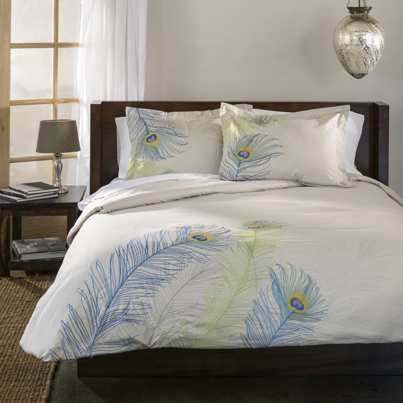 Sadin Cotton Peacock Embroidered Duvet Cover Set, Full/Queen Duvet Cover + 2 Standard Shams, Blue/Green