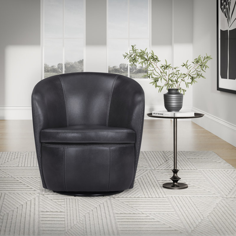 Fauteuil demi-tonneau pivotant 100% cuir italien Crandell, Onyx rétro