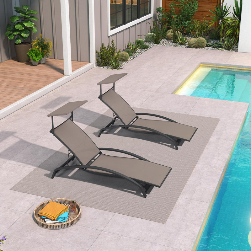 Purple Leaf 62.32'' Long Reclining PVC-coated polyester With Uv-Resistant Canopy Chaise Lounge Set Of 2 With Arm, Brown