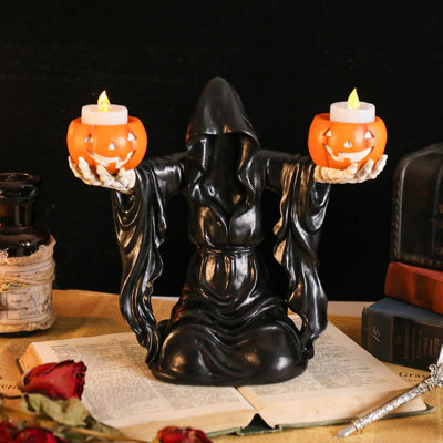 Figurine de faucheuse d'Halloween d'Halloween, statue de table d'Halloween - faucheuse tenant une statue de table sans flamme, citrouille, bougie de citrouille