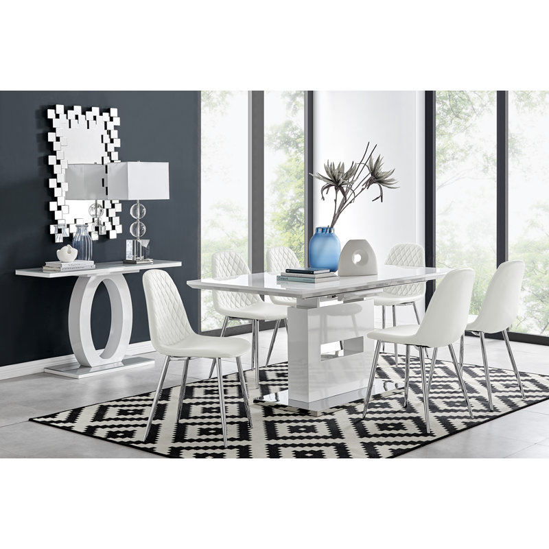 Ensemble de table de salle à manger extensible haute brillance Areza avec 6 chaises de salle à manger en similicuir de luxe