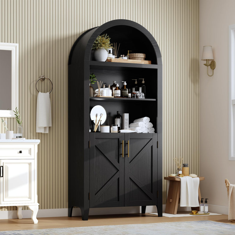 63" Arched Bookcase with Doors, 5-Tier Open Display Shelf & Storage Cabinet for Home Office, Black