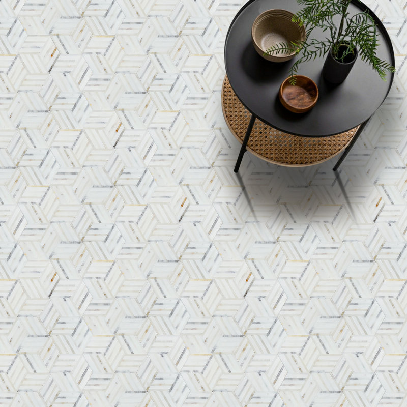 Rya 5" x 5" Marble Honeycomb Mosaic Wall and Floor Tile, Thassos/Calacatta