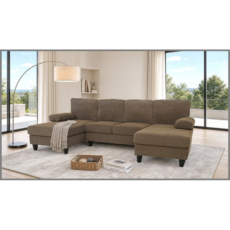 Canapé en forme de U rembourré nubby, conception de chaise double confortable avec accoudoirs rembourrés, Polyester café