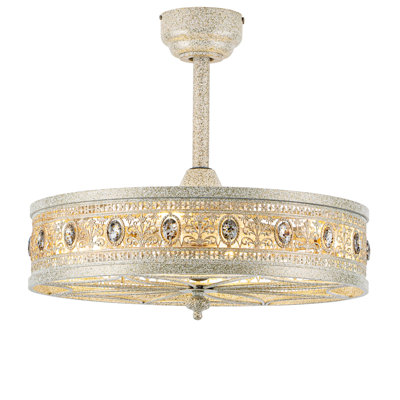 21" Crystal Chandelier Ceiling Fan with Light,French Caged Bladeless Fandelier,Round Light Fixture,Hanging/Flush Mount for Bedroom