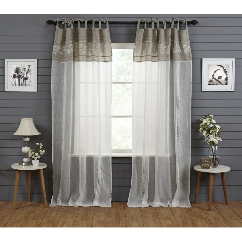 Embroidery 100% Linen Sheer Lace work Curtain Panel with Tie Top for Living Room, 52" W x 96" L