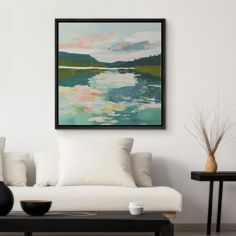 "Turquoise Lake Mountain Landscape", impression sur toile encadrée, H 16 po x l 16 po x P 1,5 po, Noir