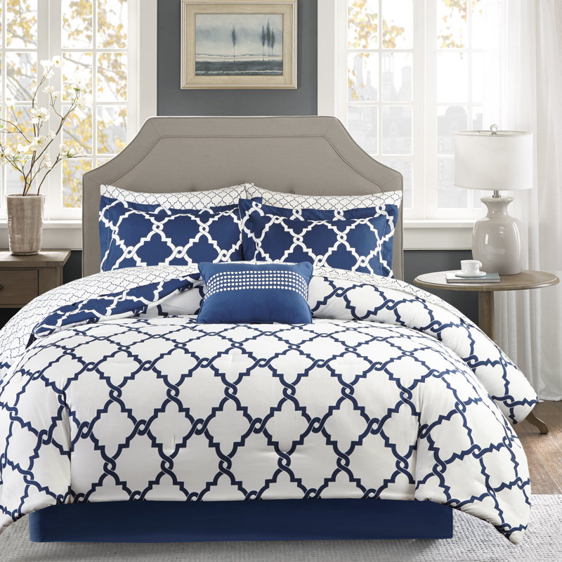 Merritt Microfiber Reversible Comforter Set with Cotton Bed Sheets, King Comforter + 2 Shams + 1 Bed Skirt + 1 Oblong , Navy
