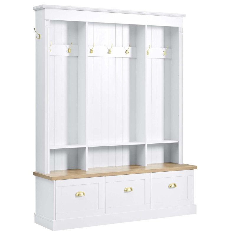 Elegant APP Controlled LED Light Hall Tree With 9 Hooks, Roman Column Design Storage Bench With 3 Large Cabinets, Farmhouse Entryway Organizer With Shelves For Hallway