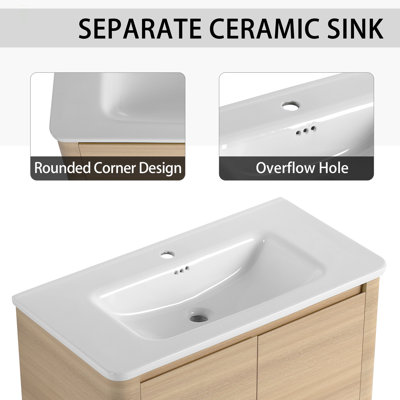 Meuble-lavabo autoportant 40 po avec lavabo en céramique et 2 portes à fermeture en douceur, emballage KD, contreplaqué