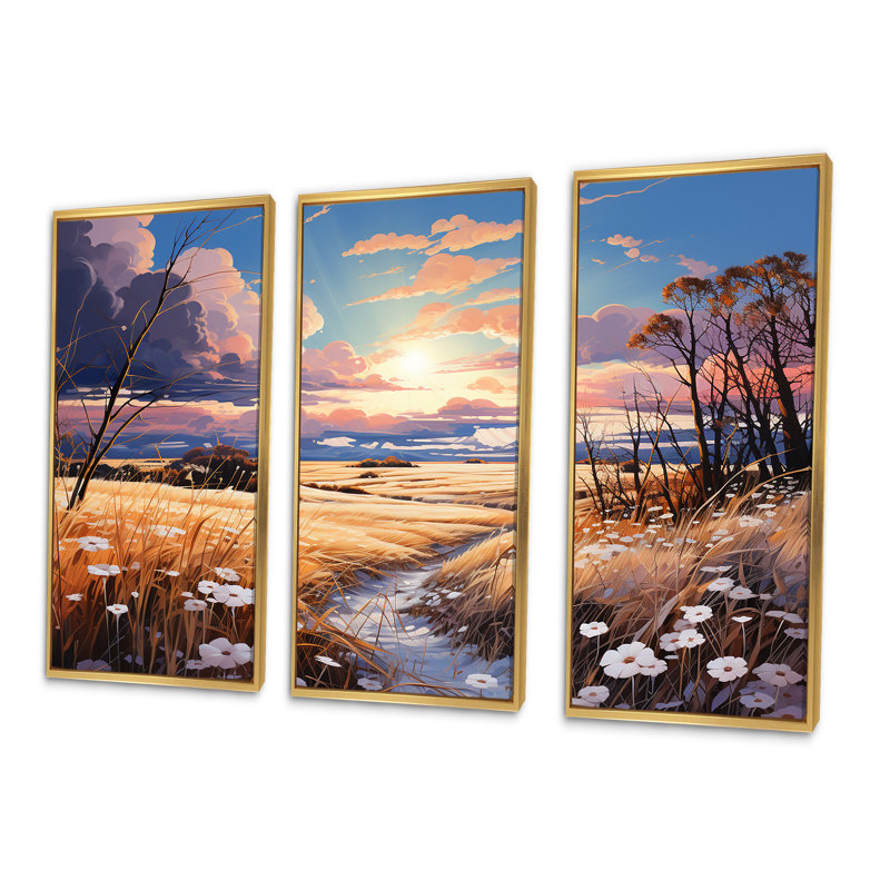 Ensemble de décorations murales Kawaii Paries Landscape At Sunset - Prairies, Cadre flottant doré, H 32 po x l 48 po x P 1 po