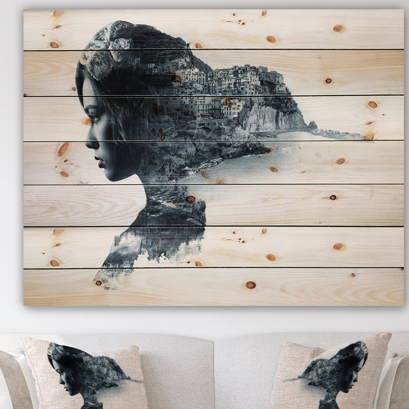 « femme portrait double exposition », impression, Bois