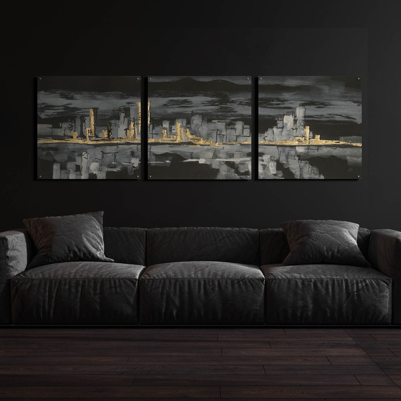Ensemble de 3 pièces d'art épique «Urban Gold IV» par Chris Paschke, H 36 po x l 108 po