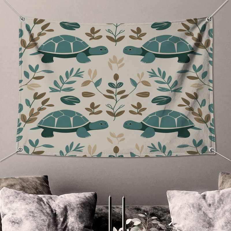Tapisserie murale tortues et feuilles - Décoration murale tortues, H 104 po x 88 avec 4 œillets