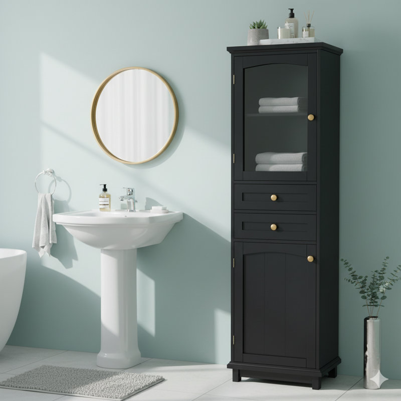 Armoire de rangement de salle de bain 63 "peinte en noir, autoportante avec portes en verre, 2 tiroirs et tablettes réglables