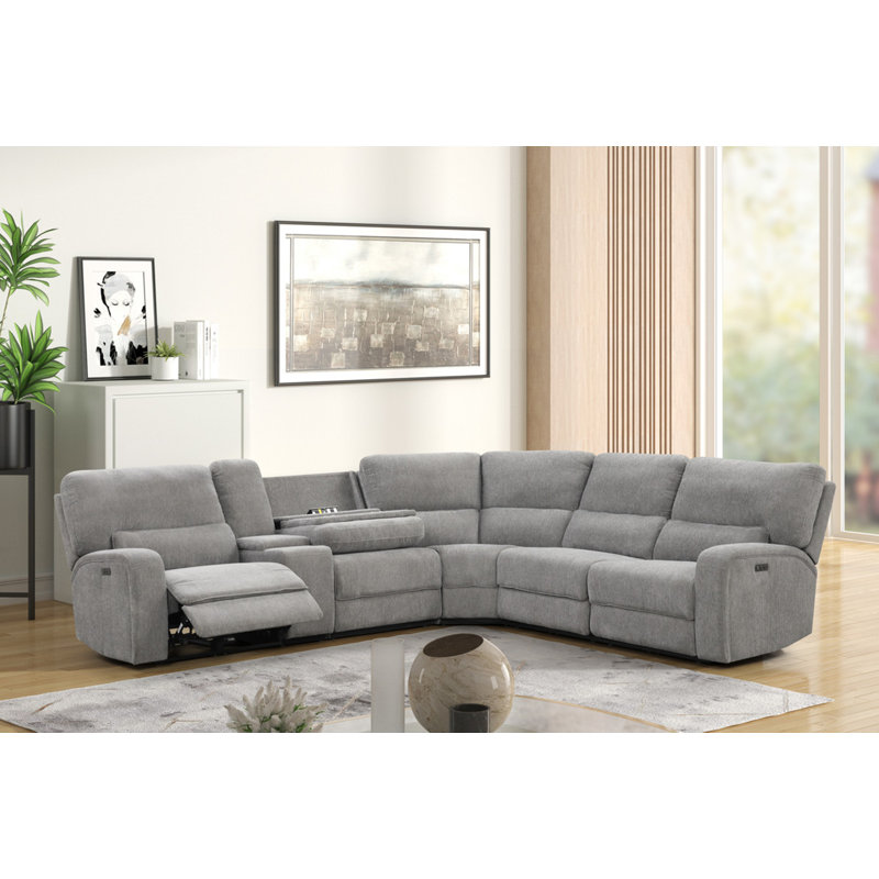 Anthony 114"W Light Gray Chenille Fabric Power Reclining Sectional Sofa with Storage Console and USB Ports – Oversized Modular Recliner Sofa with Cup Holders