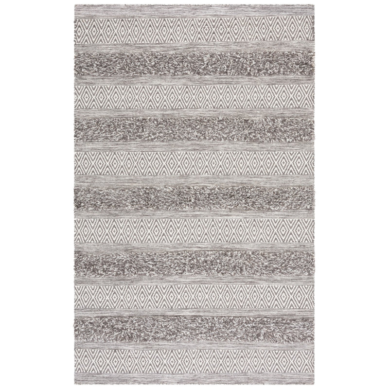 Vermont Hand Woven Wool/Cotton Geometric Rug in Brown/Ivory, Rectangle 3' x 5'