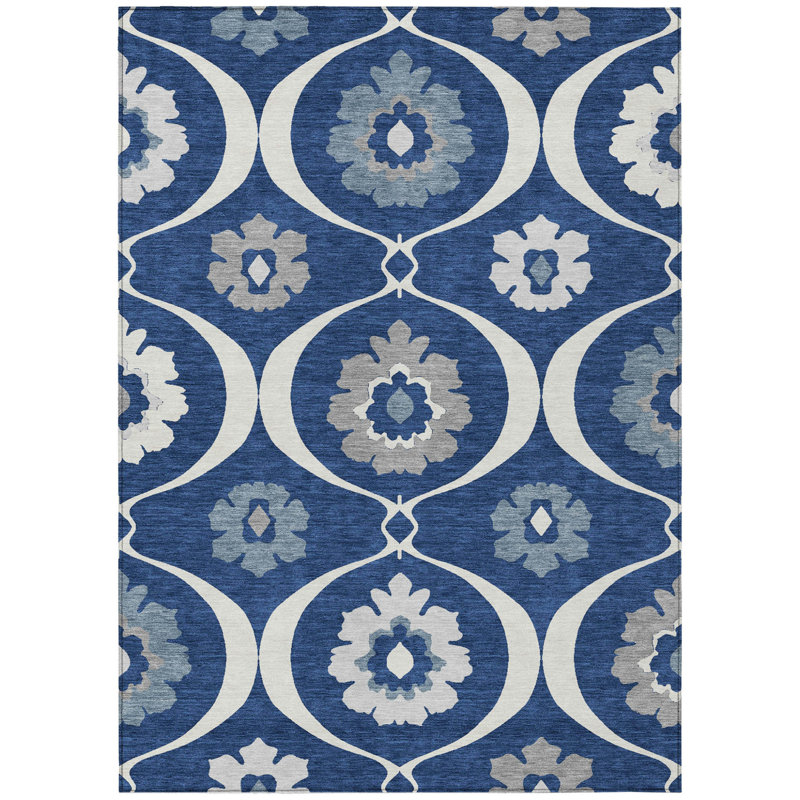 Tapis intérieur / extérieur 8 pi x 10 pi bleu marine et ivoire lavable