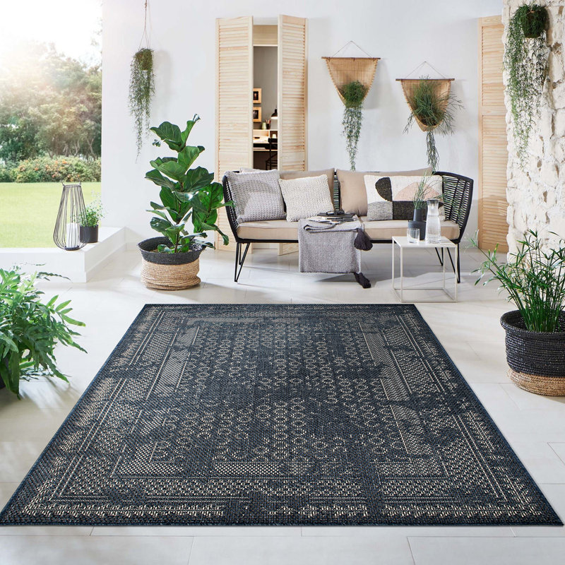 Bohemian Border Navy/Ivory, Indoor & Outdoor Area Rug, Rectangle 5' x 7'