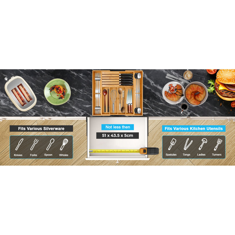 Bamboo Cutlery Drawer Organiser Extendable Flatware Caddy
