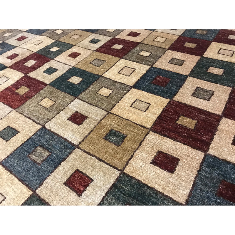 Tapis bleu, orange brûlé et beige noué à la main de haute qualité