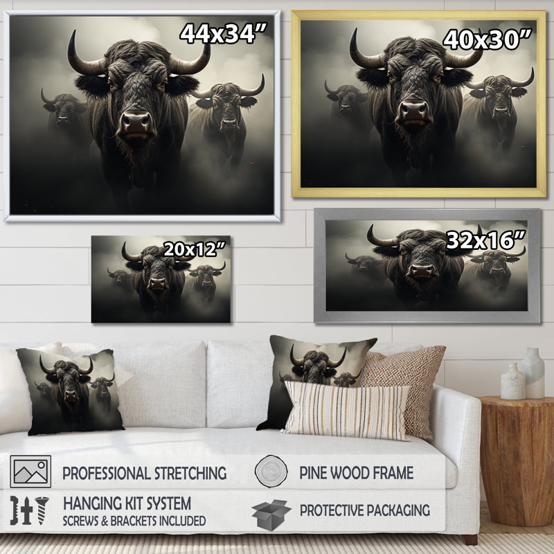 Gray Buffalo Gentle Guardians II, reproduction d'art sur toile, 30" H x 40" W, Cadre flottant doré